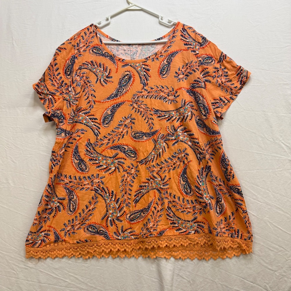 Kim Rogers Woman Orange Paisley Cotton Crochet Lace Trim Top 3X Short Sleeve